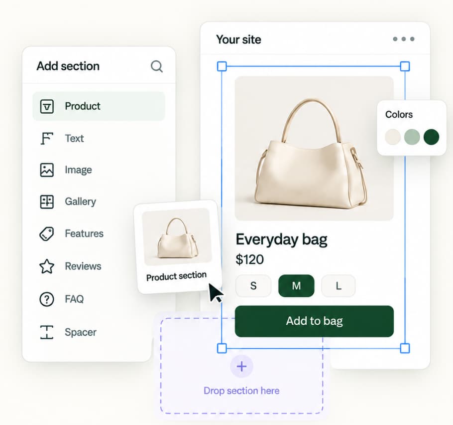 Illustration: an Add section panel with Product highlighted, a product section being dropped onto a Framer page, and a colour picker.