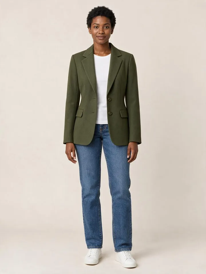 The same shopper wearing the olive tailored blazer