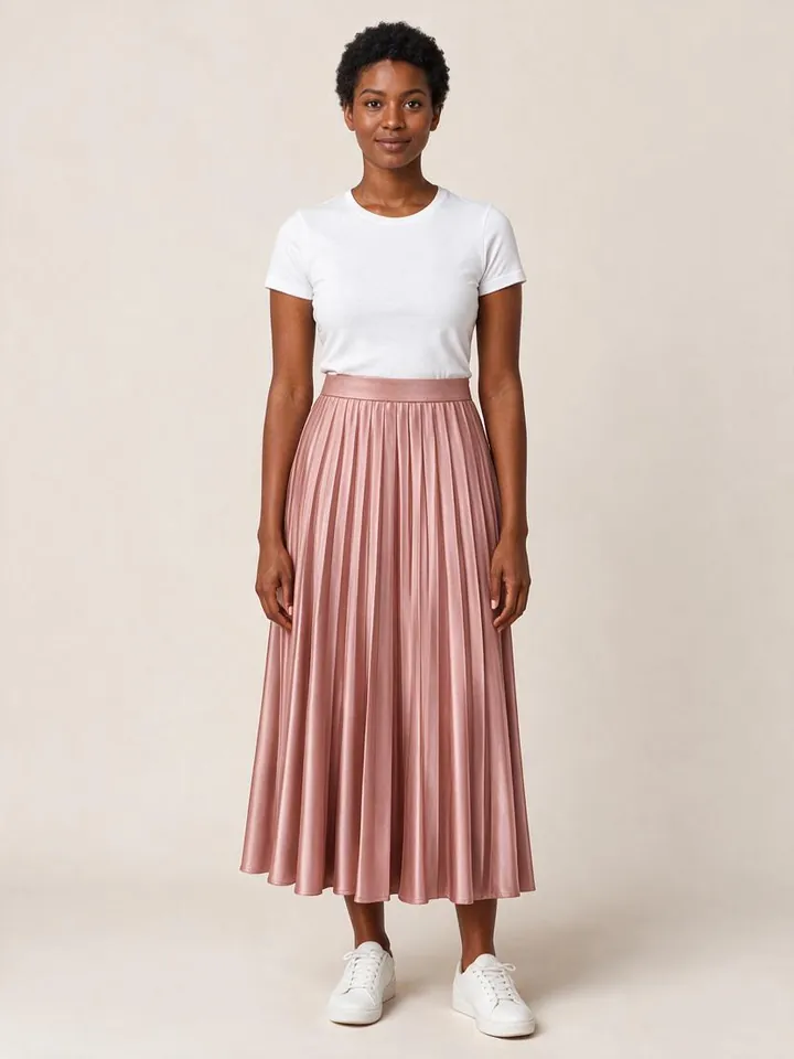 The same shopper wearing the rose pleated skirt