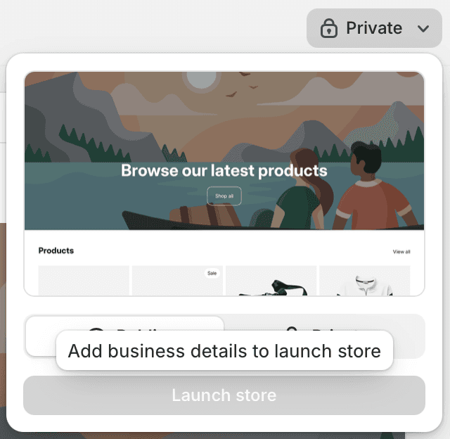 Shopify admin with the Launch store button disabled and the missing prerequisite listed